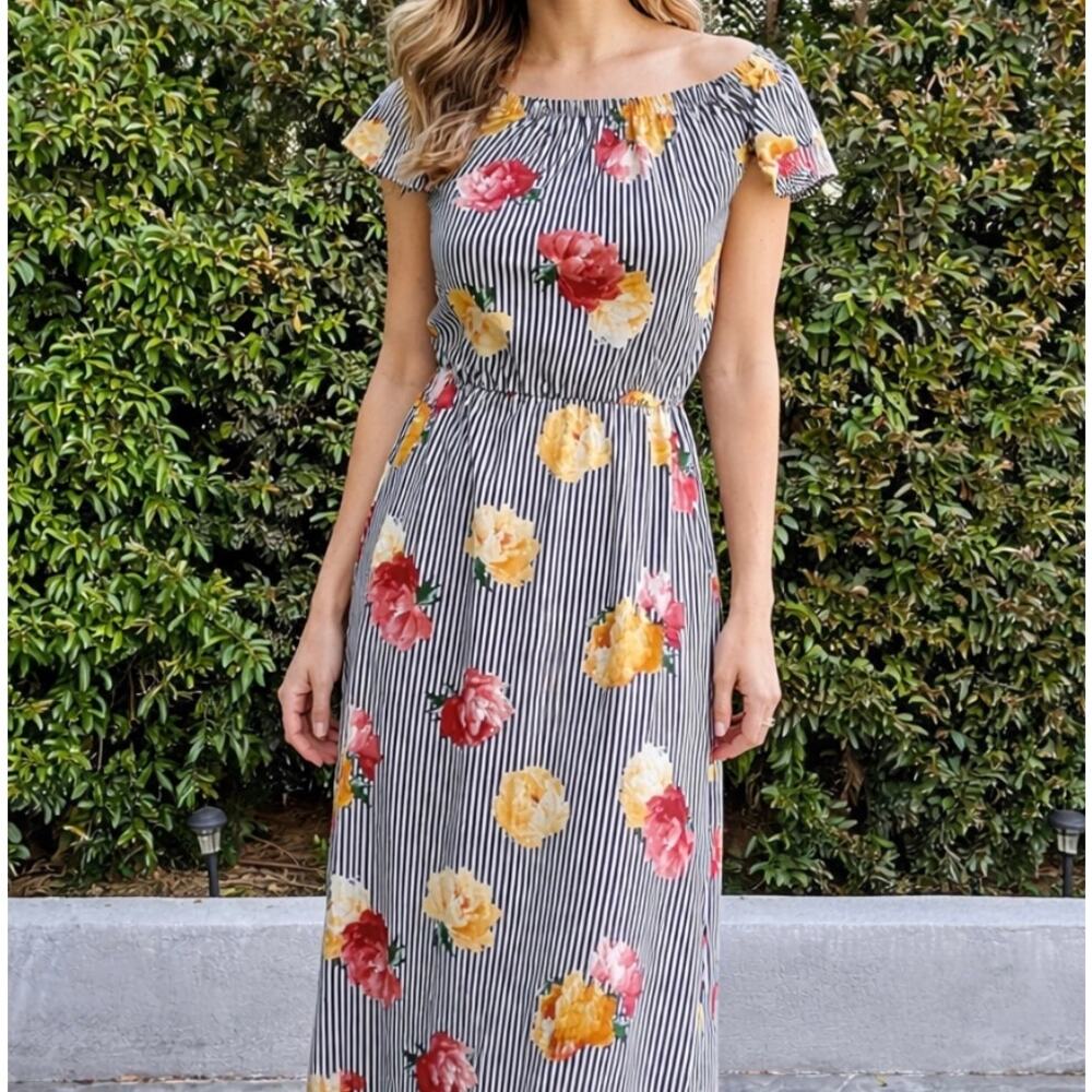 Vintage TMG Striped Floral Dress USA Made Midi Women’s Medium 80s